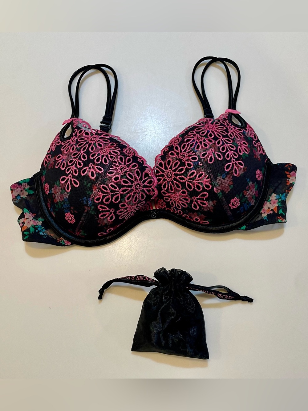 Victoria's Secret Black Bra with Pink Floral Embroidery